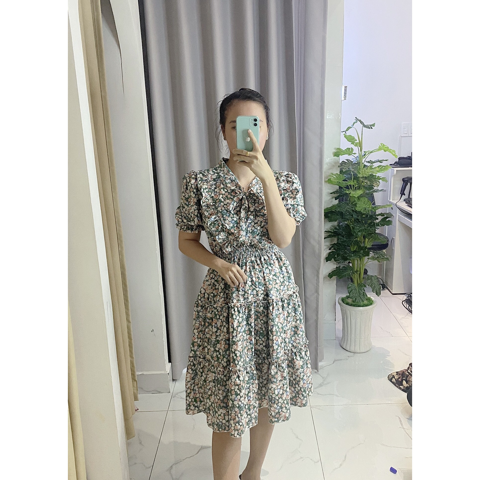 Váy đầm nữ công chúa, váy hoa cột nơ cổ, chất lụa mát không nhăn, không ra màu V015