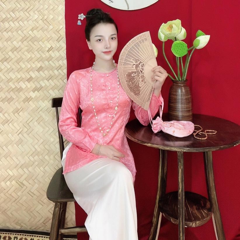 GẤM BÀ BA CỔ TRÒN Bigsize Trang phục truyền thống,Bộ quần áo Phật tử, đồ lam đi chùa mẫu nữ vải gấm - Áo Hồng (Ko quần)