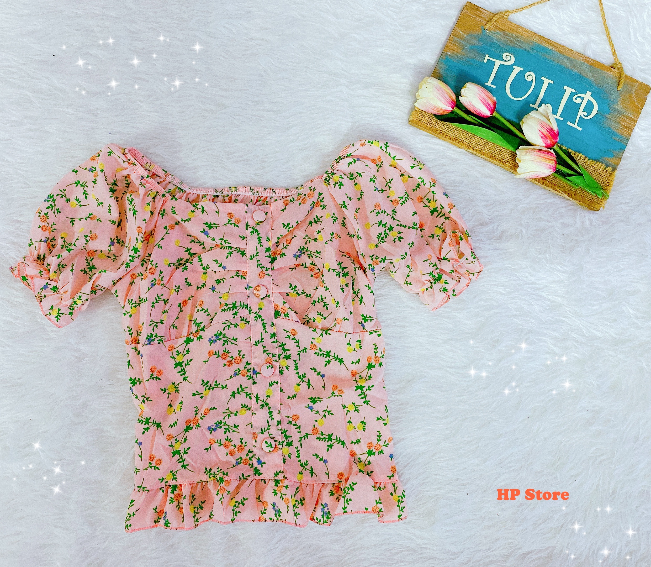 Áo Hoa Nhí Đủ Màu Đính Nút Tay Phồng Xếp Ly Tiểu Thư Áo Nữ Thun Sau Co Giãn Chất Lụa Thái