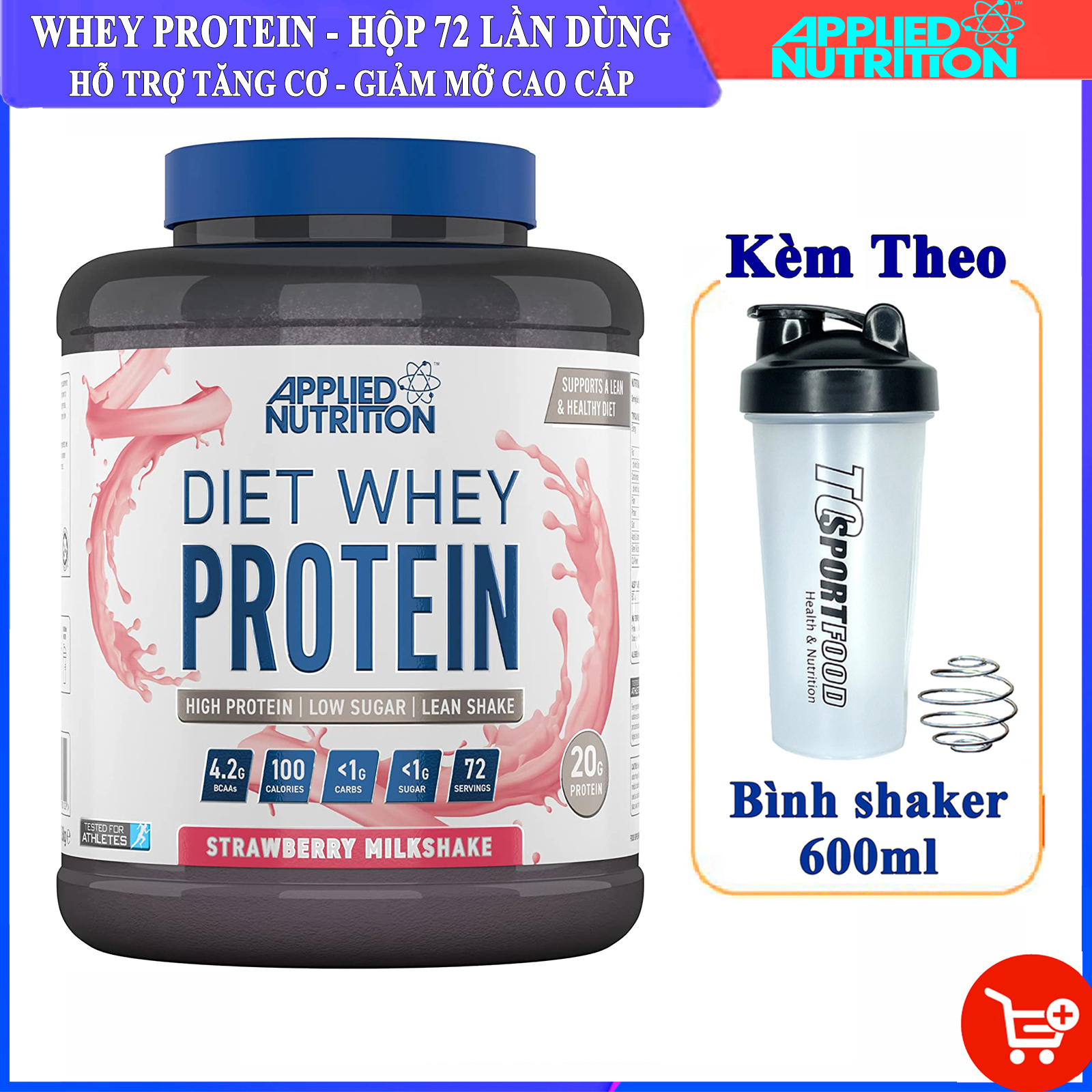 Combo Sữa tăng cơ giảm mỡ DIET WHEY của APPLIED NUTRITION hỗ trợ tăng cơ, phục hồi cơ bắp cho người tập GYM & Bình shaker 600ml (Mẫu ngẫu nhiên)