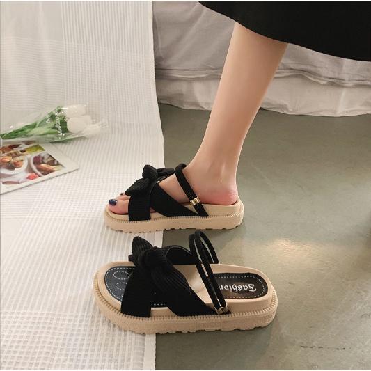 Dép Sandal Đế Bằng Cao 4Cm Đính Nơ Da Lộn Đeo Được 2 Kiểu G146