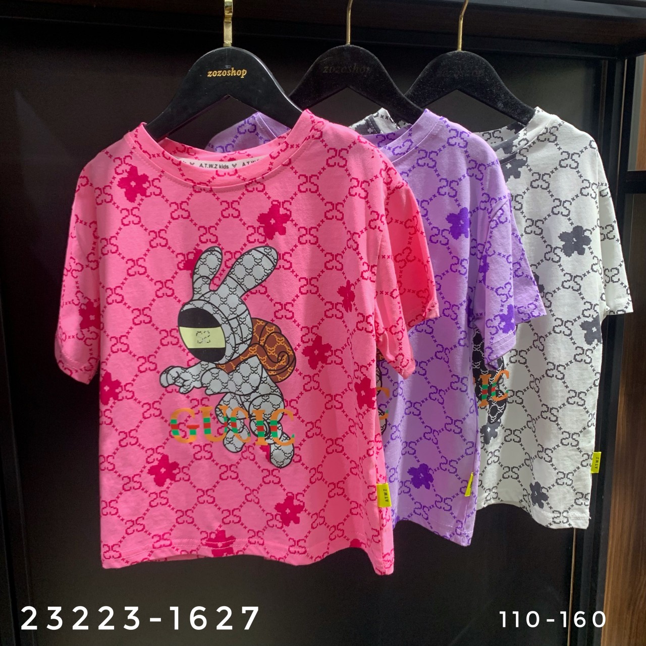 Áo cộc tay bé gái dáng rộng 4-12 tuổi hình thỏ in chữ tràn, Áo hè cho bé hàng Quảng Châu cao cấp vải cotton co giãn