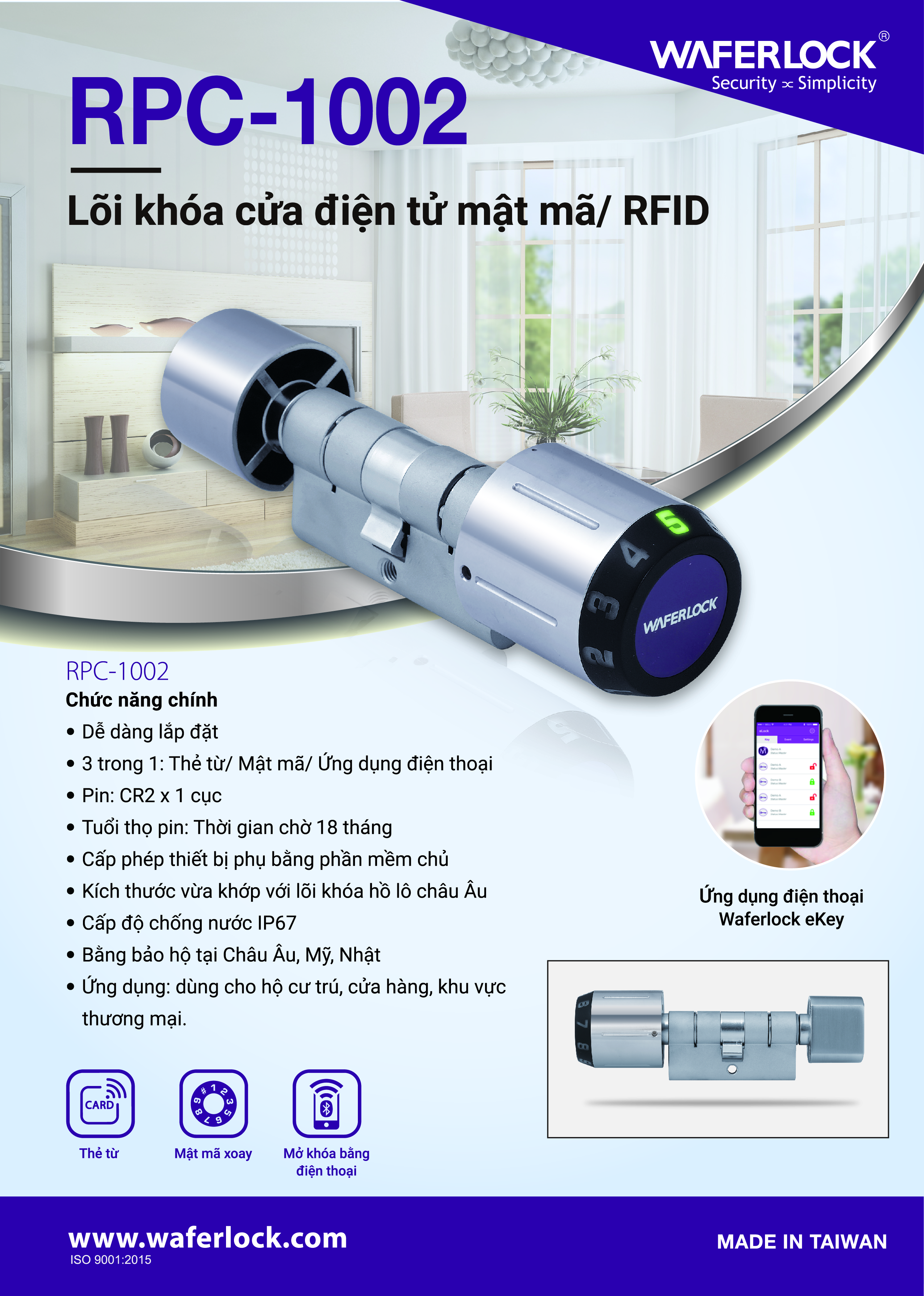 RPC1002D Ruột Khóa cửa tay gạt điện tử Waferlock mật mã thẻ từ Bluetooth