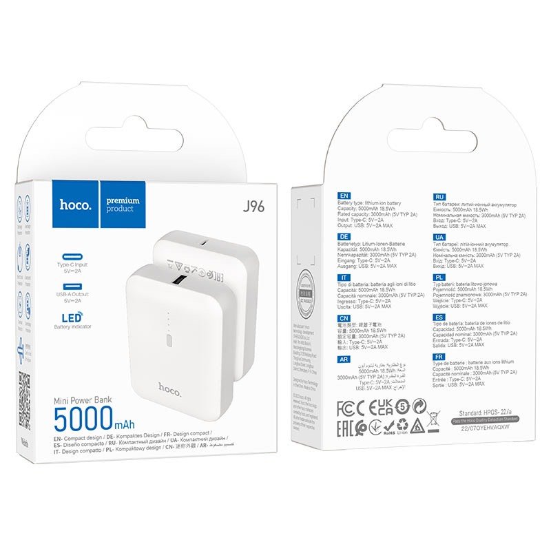 [Quà tặng không bán] Pin Sạc Dự Phòng Hoco J96, 5000mah, 1 cổng USB - A sạc 5V - 2A, có đèn led hiển thị dung lượng pin Pon Case