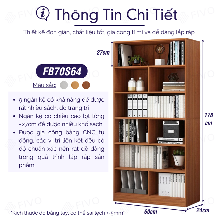 Kệ Sách Gỗ Để Sàn Đẹp FIVO Mã FB70 Chất Liệu Gỗ MDF Hàng Cao Cấp, Thiết Kế Nhỏ Gọn Vô Cùng Thanh Lịch, Kèm Tấm Lưng  (Kích thước 60x24x178cm)