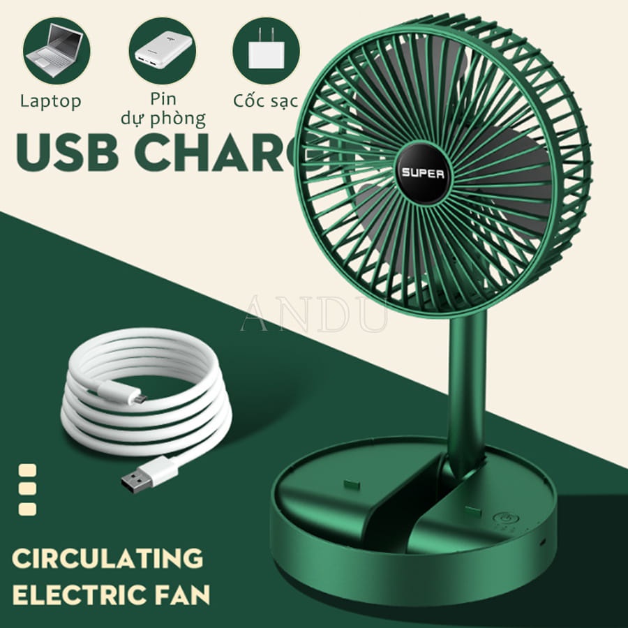 Quạt Tích Điện Để Bàn Gấp Gọn Super 3 Tốc Độ Gió, Cổng Sạc USB Có Thể Điều Chỉnh Độ Cao, Xoay 180 Độ Siêu Tiện Lợi
