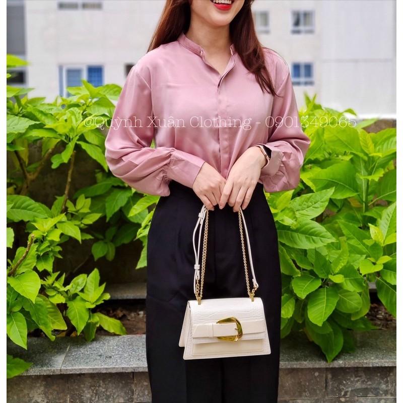 Áo somi lụa ánh nhung màu hồng + quần tây giành cho các cô gái công sở sang chảnh