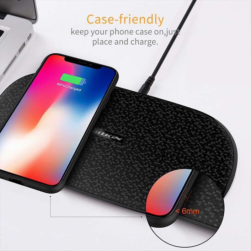 Đen - Đế sạc nhanh không dây Qi 10W / 7.5W sạc cùng lúc 2 thiết bị hiệu Nillkin Dual Charger Wireless cho tai nghe Apple Airpods 2 / Pro và điện thoại iPhone Samsung Oppo Xiaomi Huawei Nokia (Đính kèm 1 củ sạc nhanh và dây sạc) - Hàng chính hãng