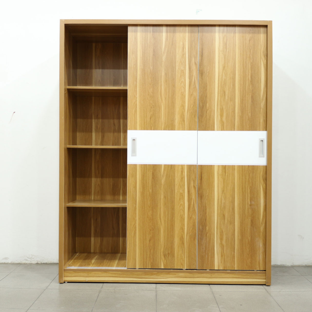 Tủ Áo Cửa Lùa 1m6X2m Gỗ MDF Melamine Màu Vân Sọc Vàng Chỉ Trắng Viva