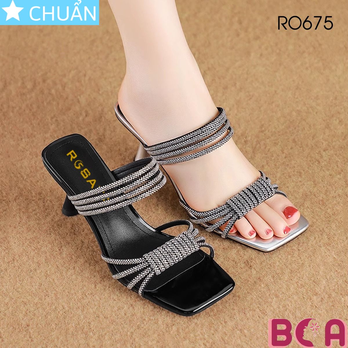 Dép nữ cao cấp hở mũi cao gót 6 phân RO675 ROSATA tại BCASHOP quai ngang đính kim sa, phong cách sang trọng, thời trang