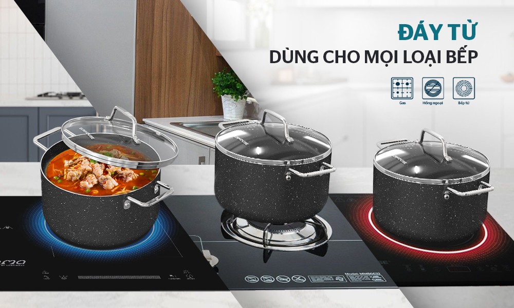 Bộ 3 nồi chống dính siêu bền đá đáy từ Sunhouse SHG7878MB 16-20-24cm dùng trên mọi loại bếp model mới 2023