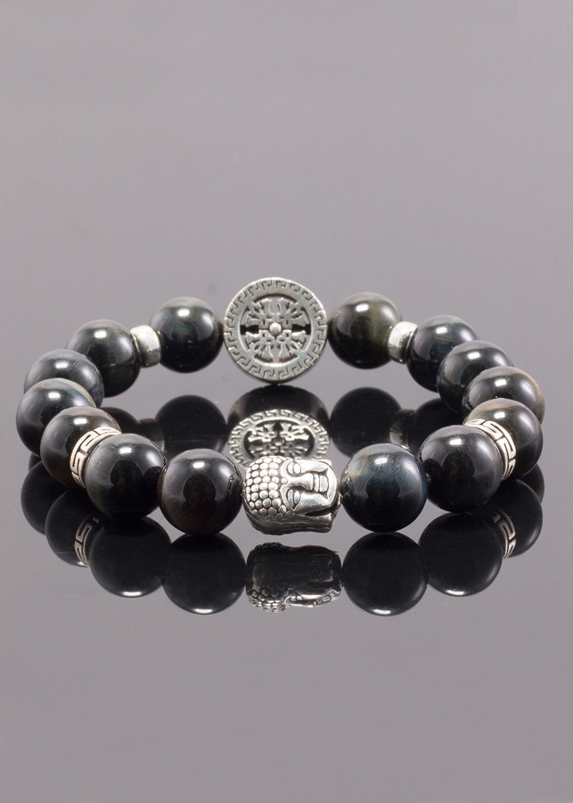 Vòng tay thạch anh mắt hổ xanh đen phối charm phật bạc (10mm) Ngọc Quý Gemstones