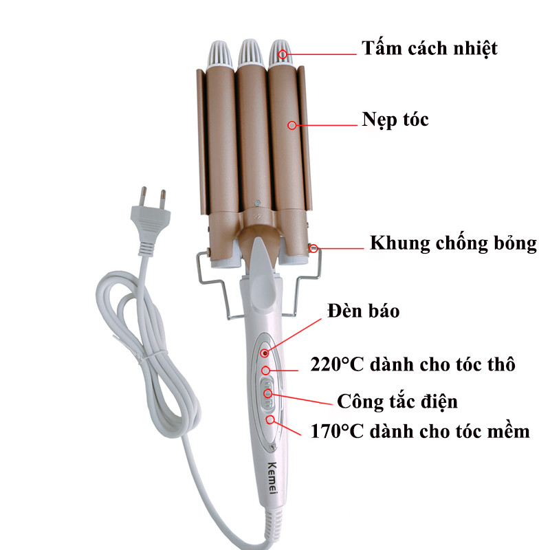 Máy uốn tóc 3 trục Kemei KM-1010 điều chỉnh 2 mức nhiệt độ chuyên dụng làm tóc xoăn gợn sóng, uốn tóc uốn sóng nước bồng bềnh tiện lợi