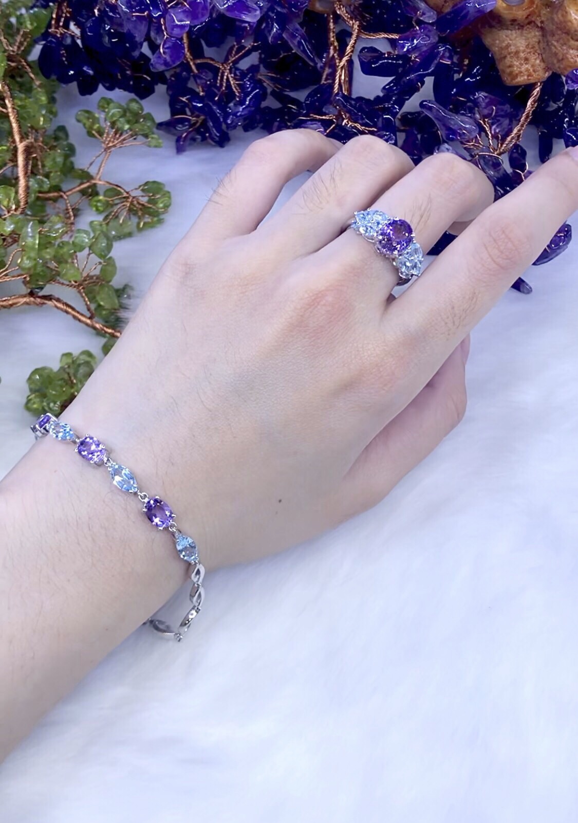 Nhẫn Nữ Bạc Ý Đính Amethyst và Topaz