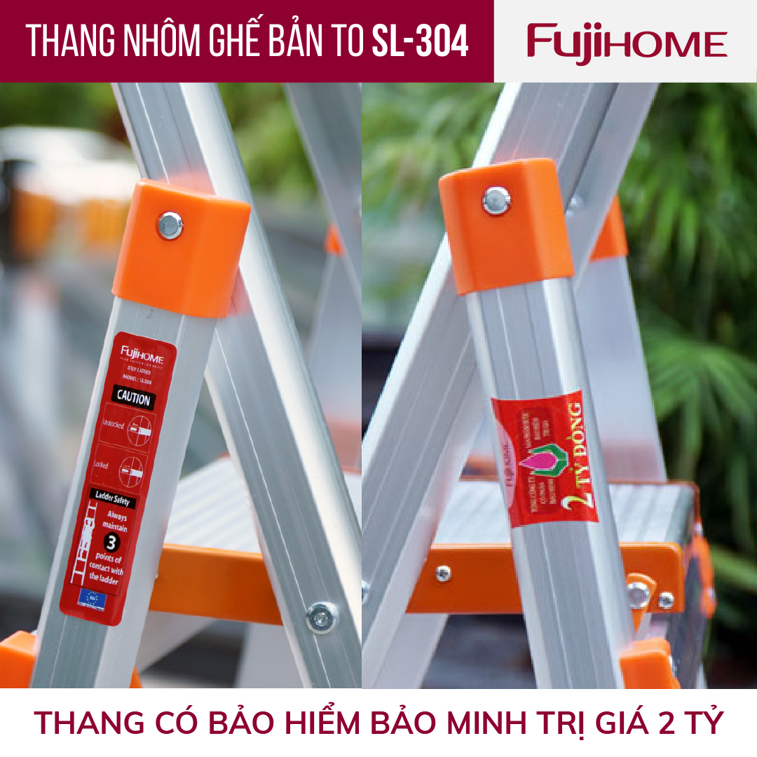 Thang ghế nhôm tay vịn chữ A bản to 4 bậc 1,4m xếp gọn Nhật Bản Fujihome chống trượt, Ghế thang chữ A thắp nhang gia đình đa năng rút gọn inox 1m4 mét step stool ladder