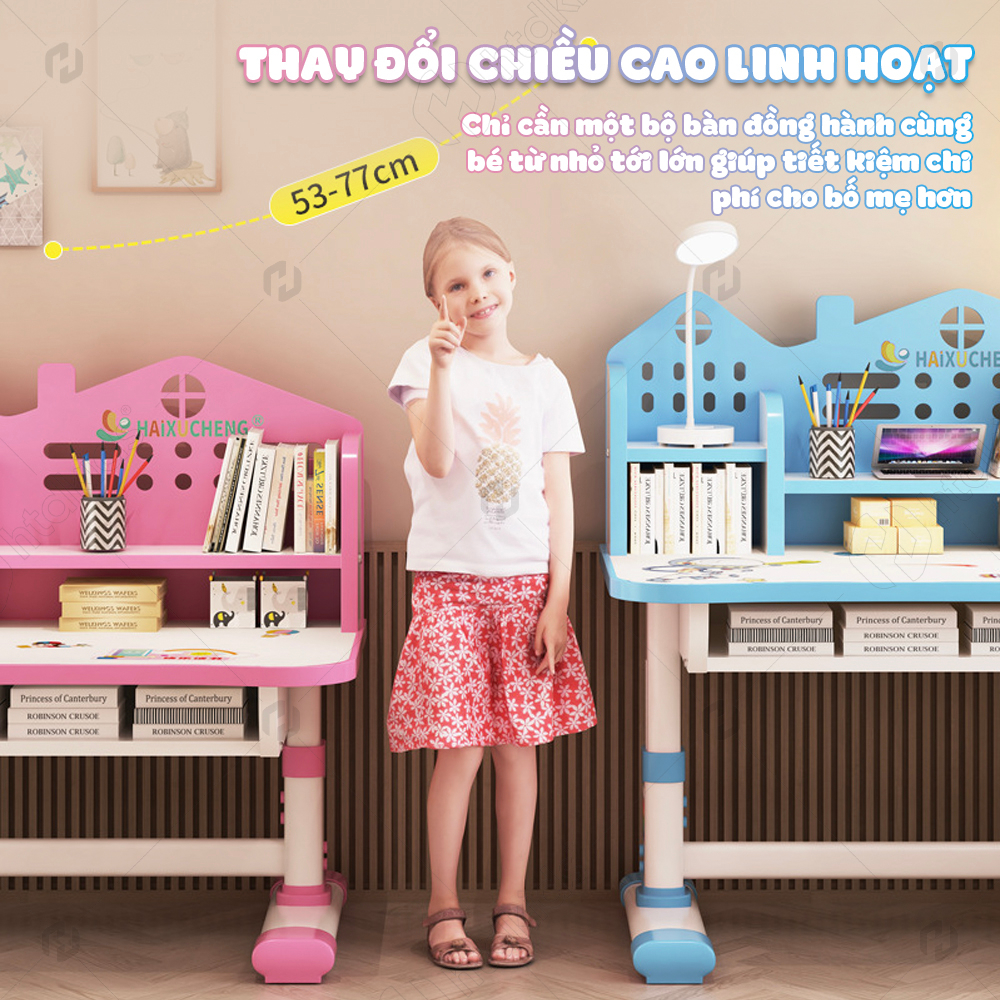 Bộ bàn học cho bé C07, bàn học chống gù size 80cm tặng kèm đèn led, giá đỡ ngực