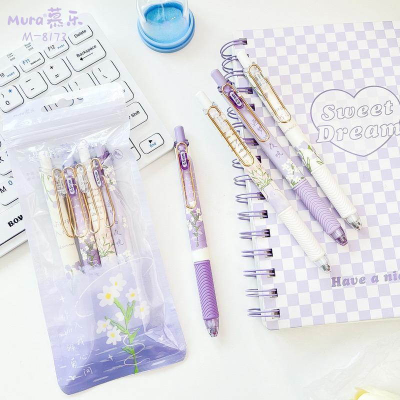 Set 4 bút mực gel đen Mura ngòi 0.5mm siêu xịn với vỏ ngoài siêu xinh xắn kèm túi zip (tặng stickers x note)