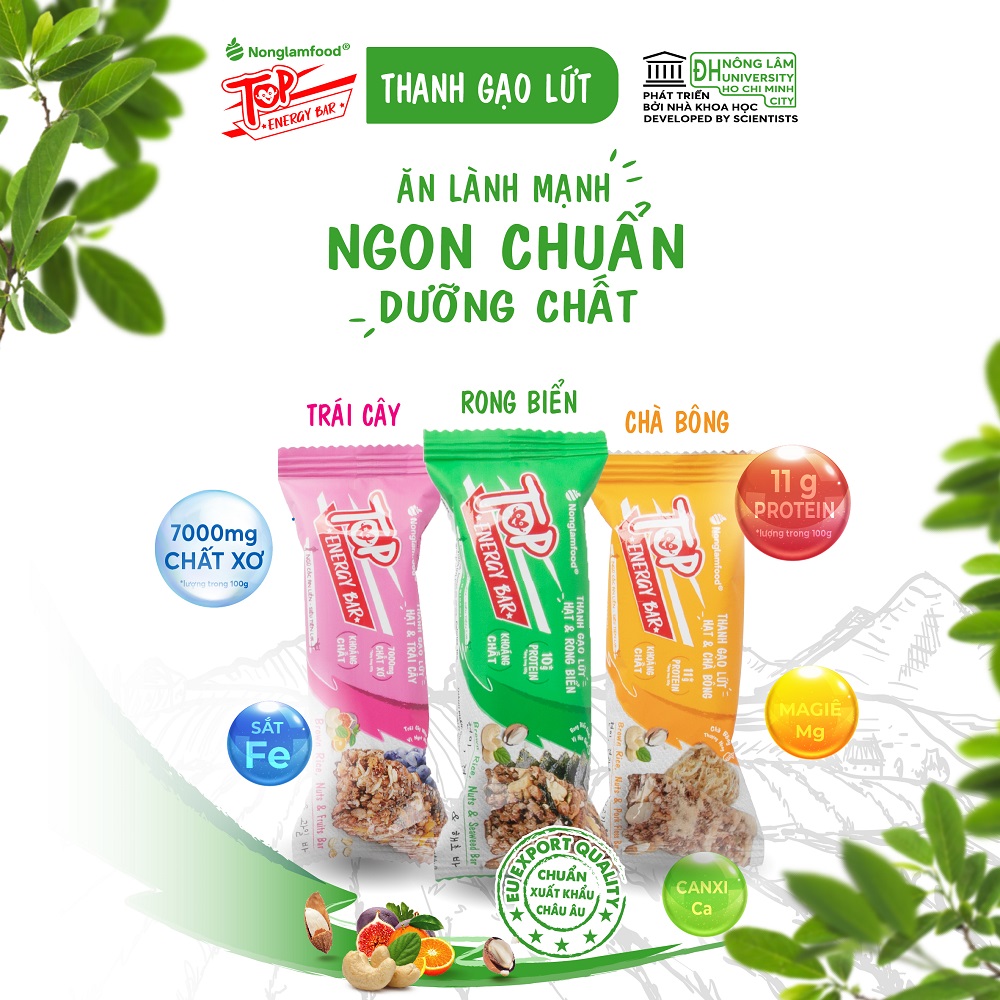 Thanh gạo lứt ngũ cốc Nonglamfood Hạt và Chà Bông Energy Bar Hộp16 Thanh - Bánh ăn kiêng dinh dưỡng thay thế bữa ăn sáng - Ngon chuẩn dưỡng chất - Hỗ trợ giảm cân