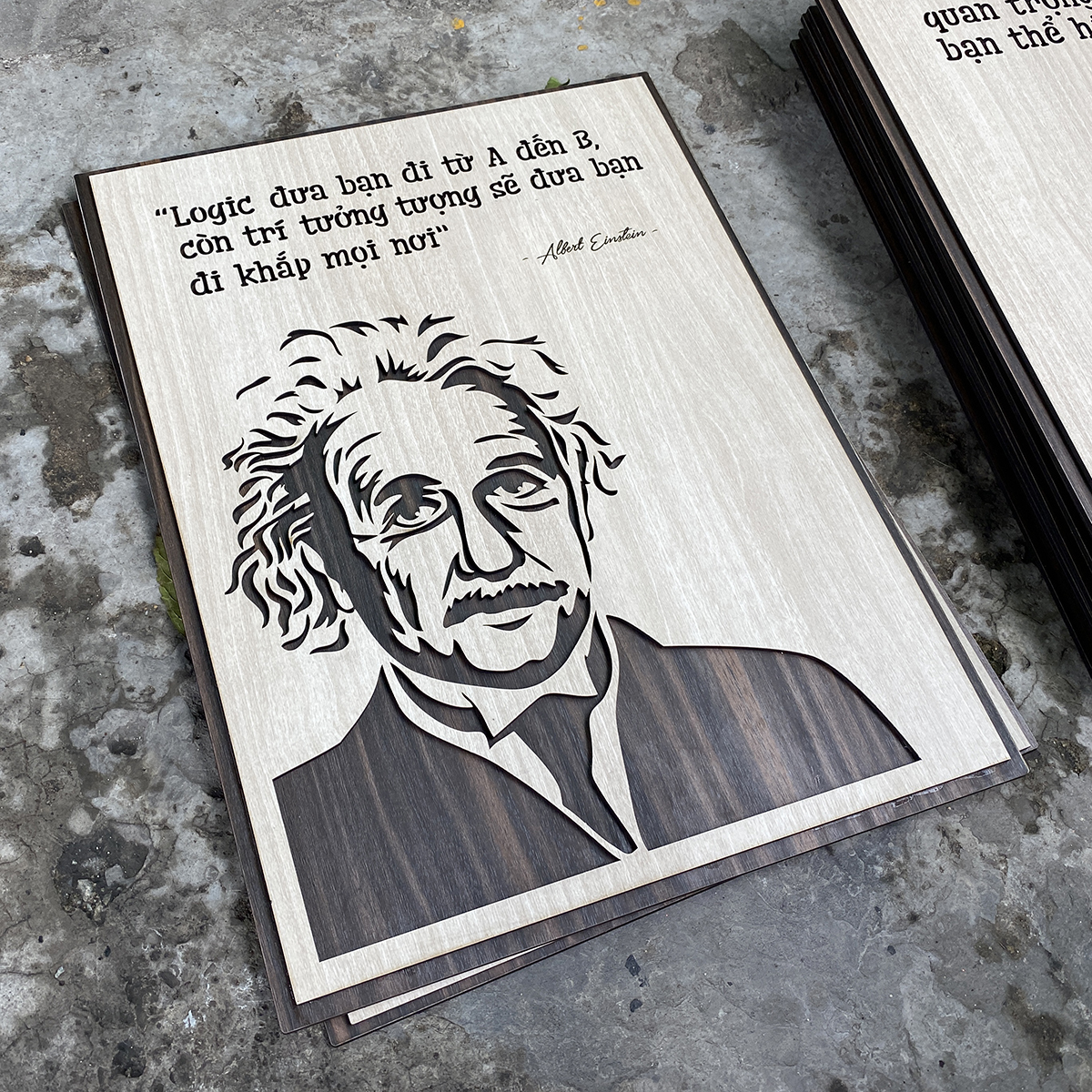 Tranh tạo động lực bằng Gỗ TBIG044 &quot;Albert Einstein: logic đưa bạn đi từ a đến b còn trí tưởng tượng sẽ đưa bạn đi khắp mọi nơi