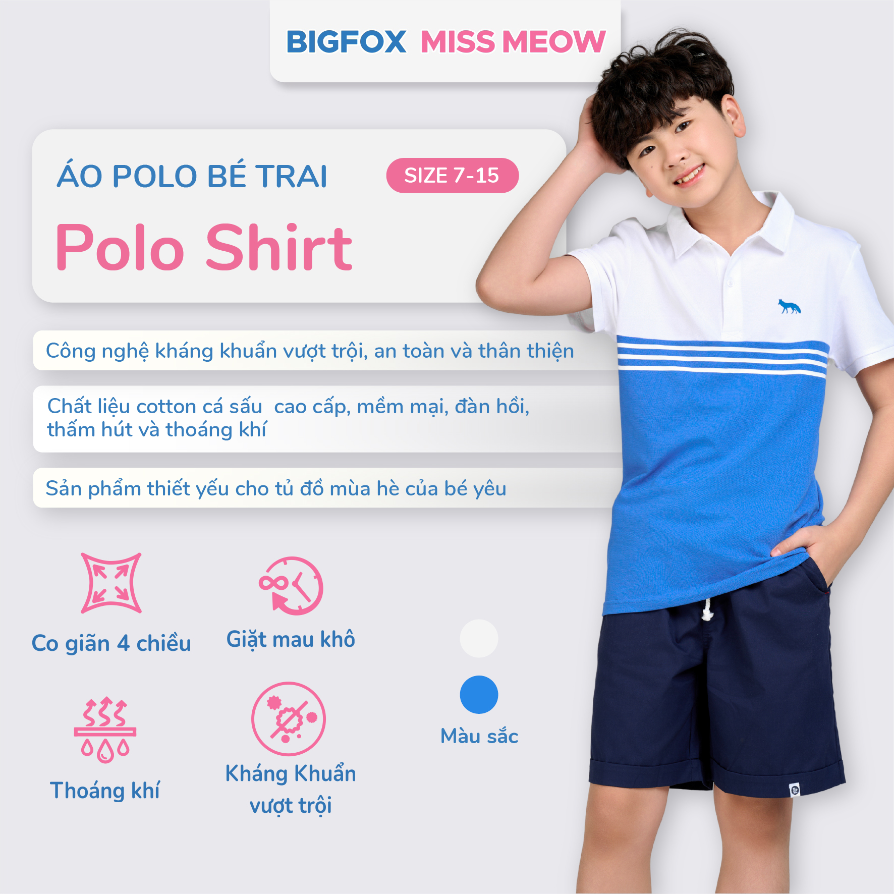 Áo polo hè bé trai Bigfox Miss Meow size đại, áo cá sấu có cổ đồng phục đi học size đại 7-15 tuổi 50kg