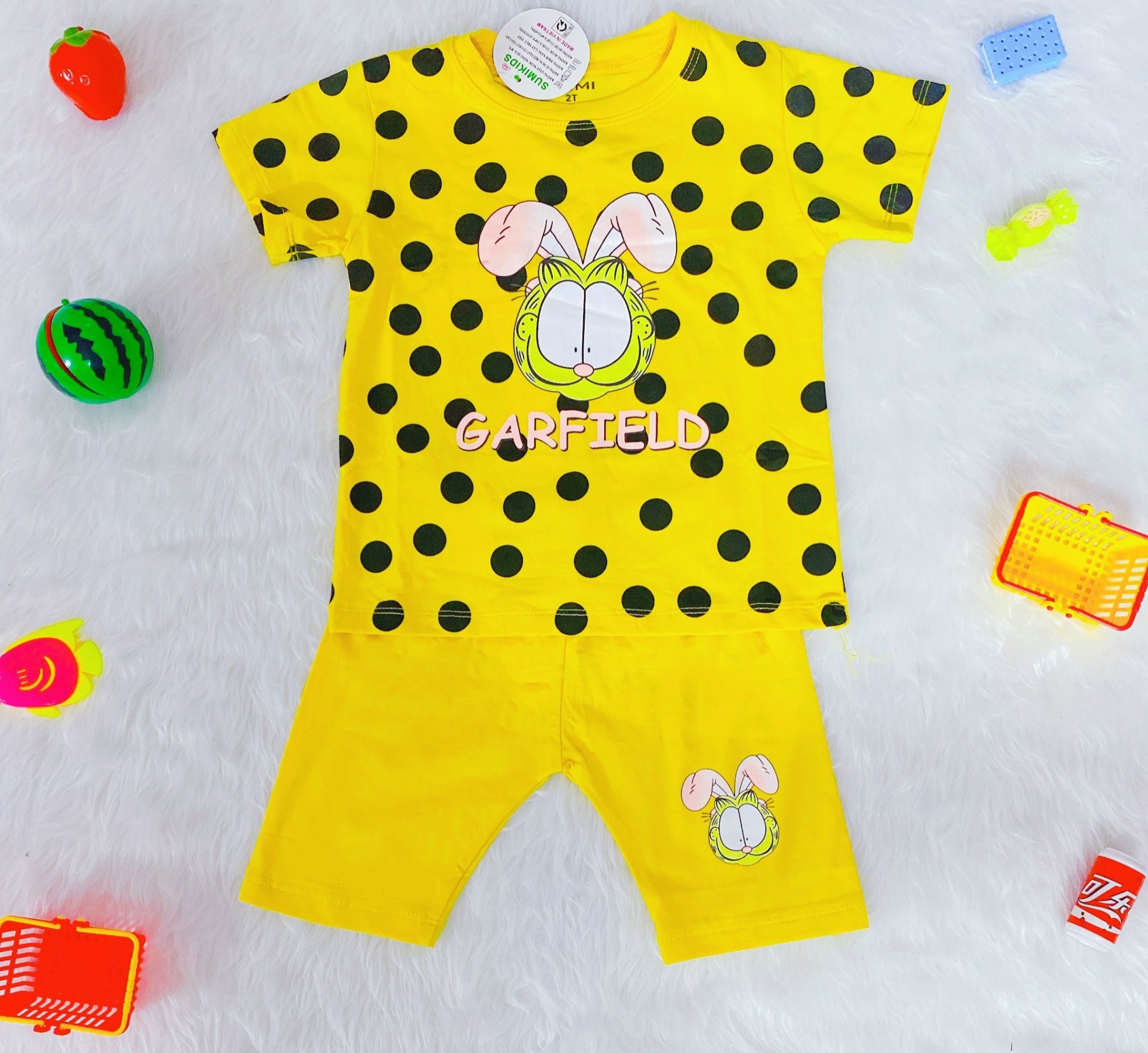 Bộ Bé Gái Thỏ Chấm Bi Đen Vàng, Size 12-30Kg, 1-8 Tuổi Áo Quần Bé Dễ Thương