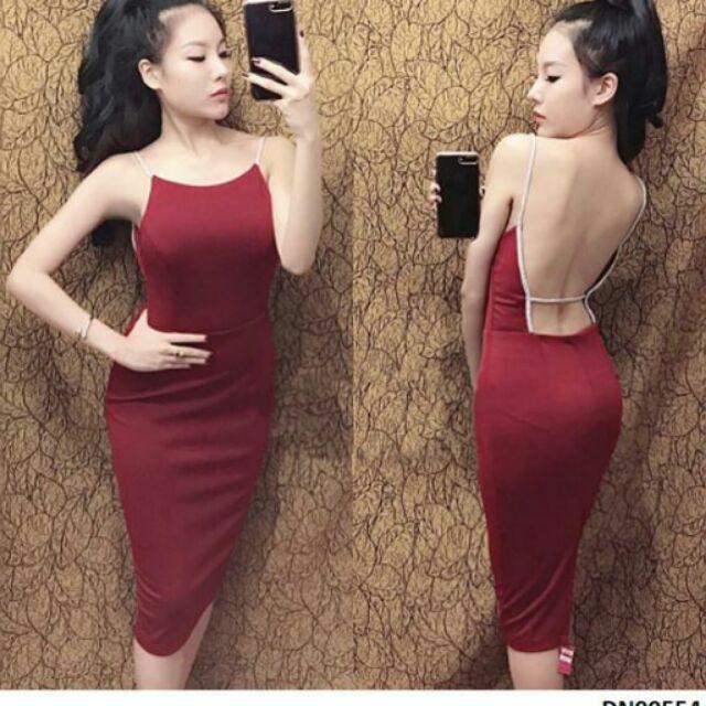 Đầm body hở lưng viền trắng