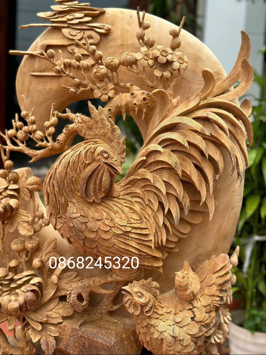 Tượng gia đình gà phong thủy bằng gỗ ngọc am kt 86×66×37cm 