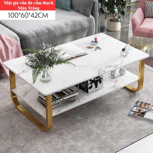 Bàn Trà Sofa Gỗ Họa Tiết Cẩm Thạch Giả Đá, Trang Trí Phòng Khách, Bàn Sofa 2 Tầng, Chân Thép Tĩnh Điện Chắc Chắn