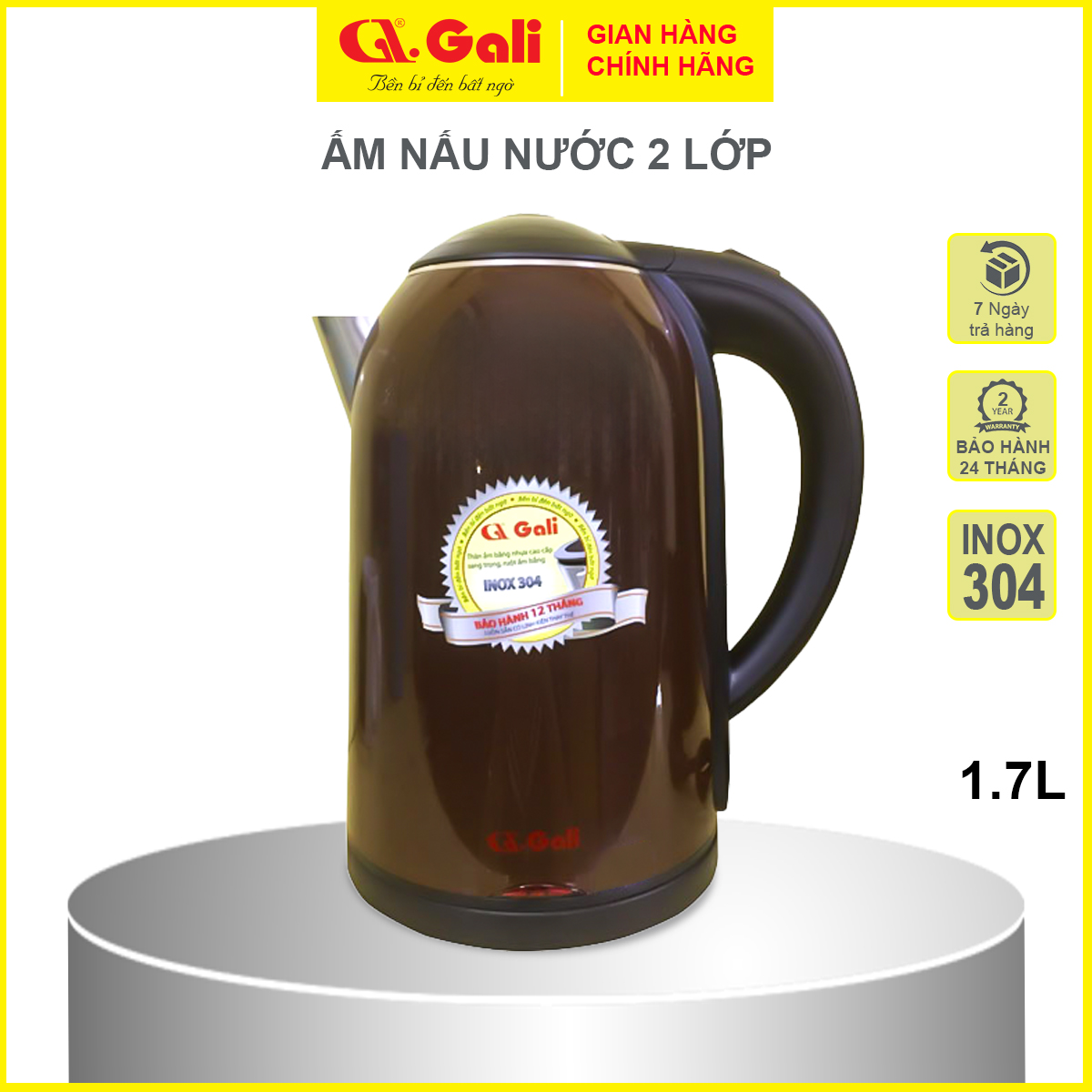 Ấm đun siêu tốc bằng Inox cao cấp 304, GL-0017C màu xanh thân ấm 2 lớp, vỏ ngoài bằng nhựa nguyên sinh chịu nhiệt tốt, hàng chính hãng 100%. Bảo hành 24 tháng.