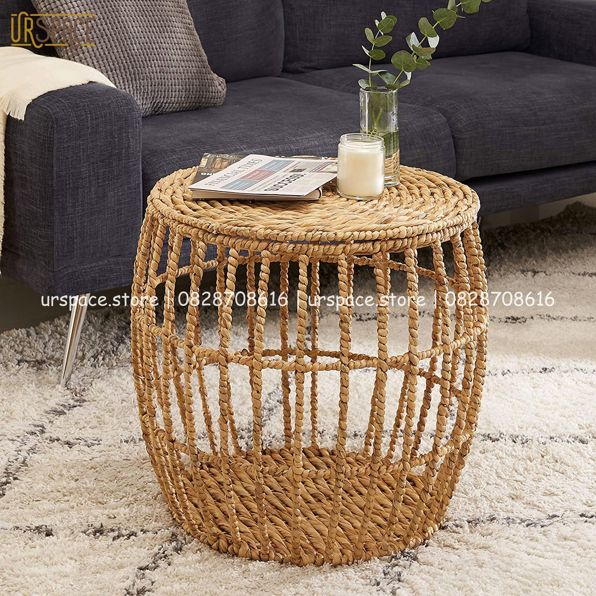 Bàn trà và 2 đôn ngồi thấp bằng lục bình phong cách tối giản/ Hand-Woven Water Hyacinth Low Seating Stool &amp; Table