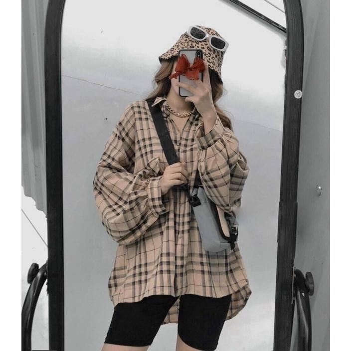 Áo sơ mi caro cánh dơi form rộng oversize túi lệch nắp 4 màu Lovi