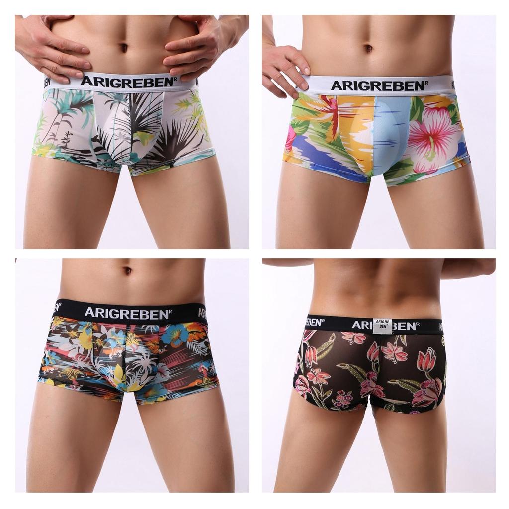 Mens Sexy Sheer Mesh Net Underwear Boxer Briefs Flower Underpants