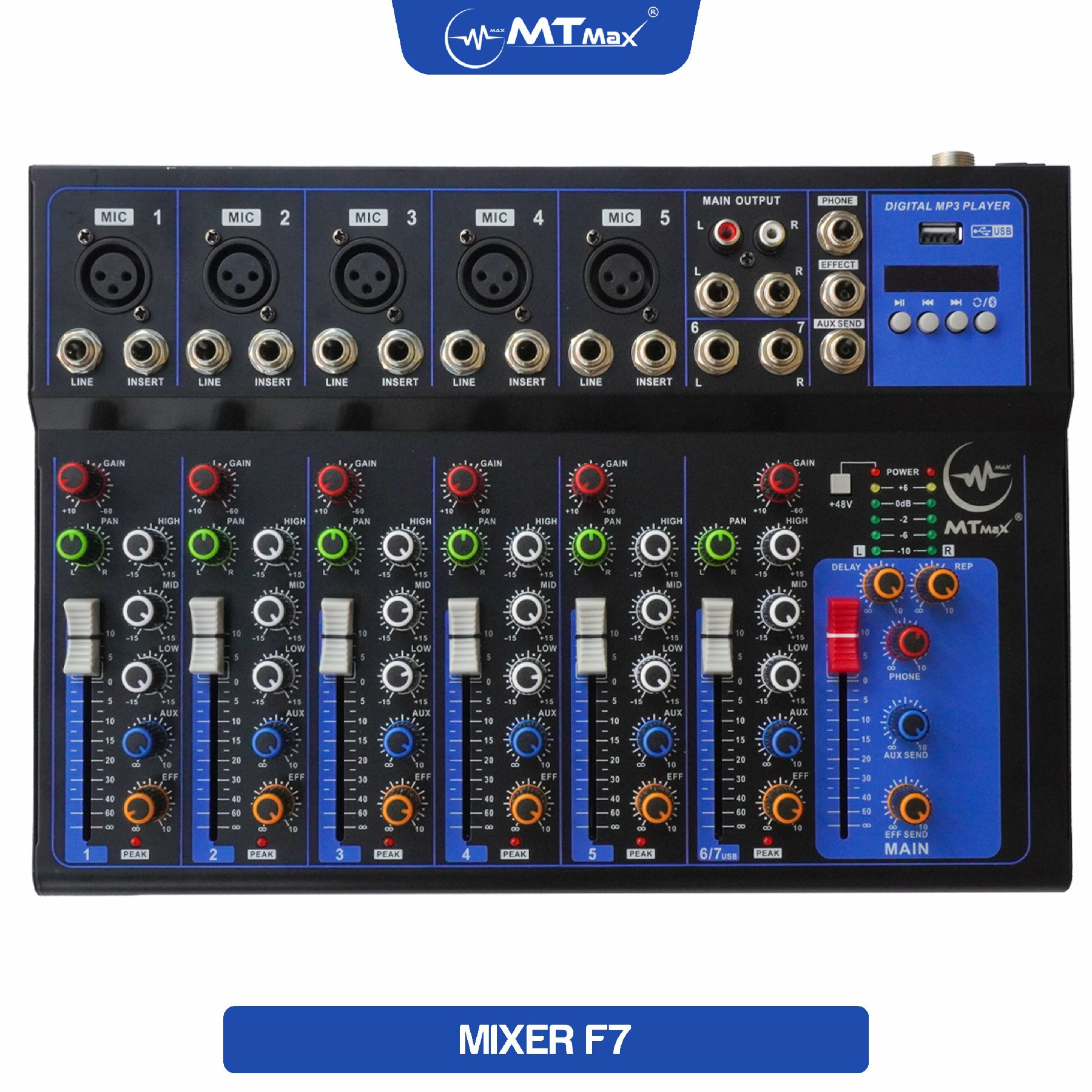 Bàn trộn Mixer MTMax F7 BT - 7 kênh cao cấp - Có bluetooth, chống hú tốt - Màn hình led hiển thị thông số - Hỗ trợ thu âm, livestream, karaoke online - Kết hợp được với loa kéo, amply, dàn karaoke - Hàng nhập khẩu