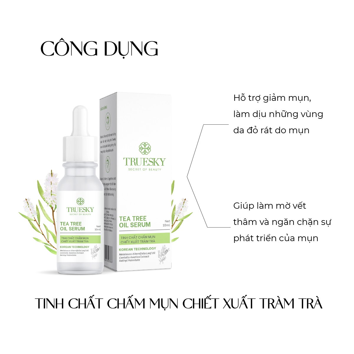 Tinh chất chấm mụn Truesky Tea Tree Oil chiết xuất tràm trà giúp làm dịu da, làm mờ vết thâm và giảm mụn 10ml