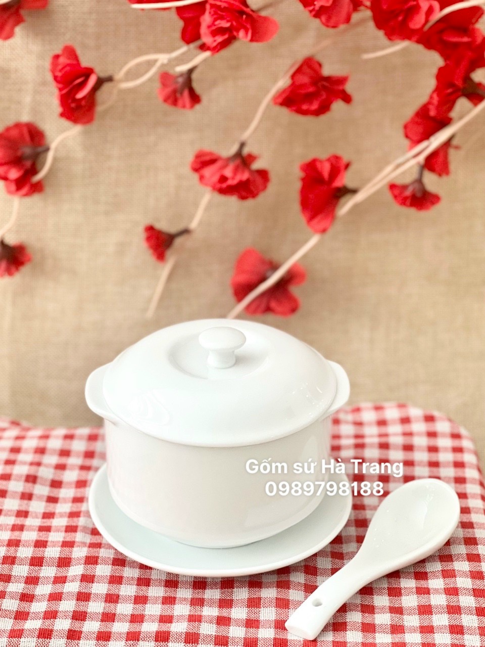 Thố chưng yến kèm đĩa và thìa gốm sứ Bát Tràng cao cấp men trắng dung tích 600ml kèm đĩa kèm thìa