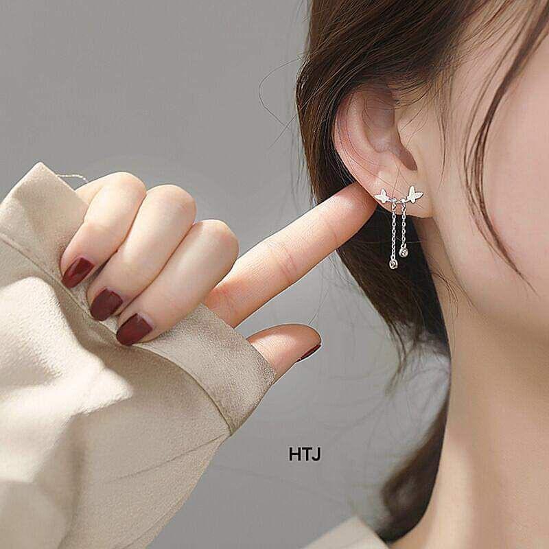 Bông tai bạc nữ- Bông tai bạc hình bướm treo trẻ trung, cá tính