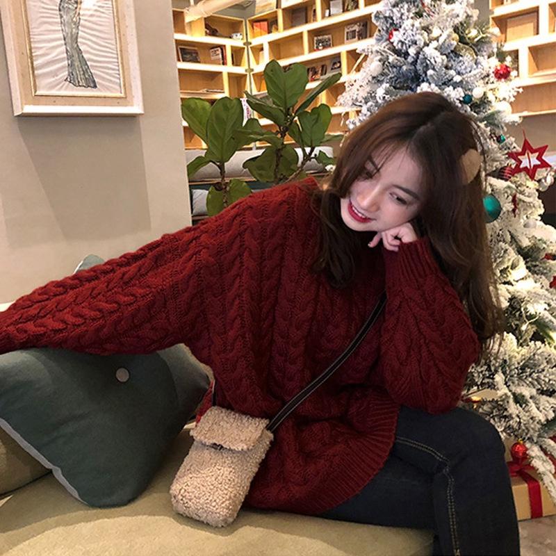 Áo Len Nữ | Áo Len Nữ Đỏ Noel Dày Dặn Cổ Tròn Dài Tay Form Rộng Basic Ulzzang, Hàng Quảng Châu Cao Cấp