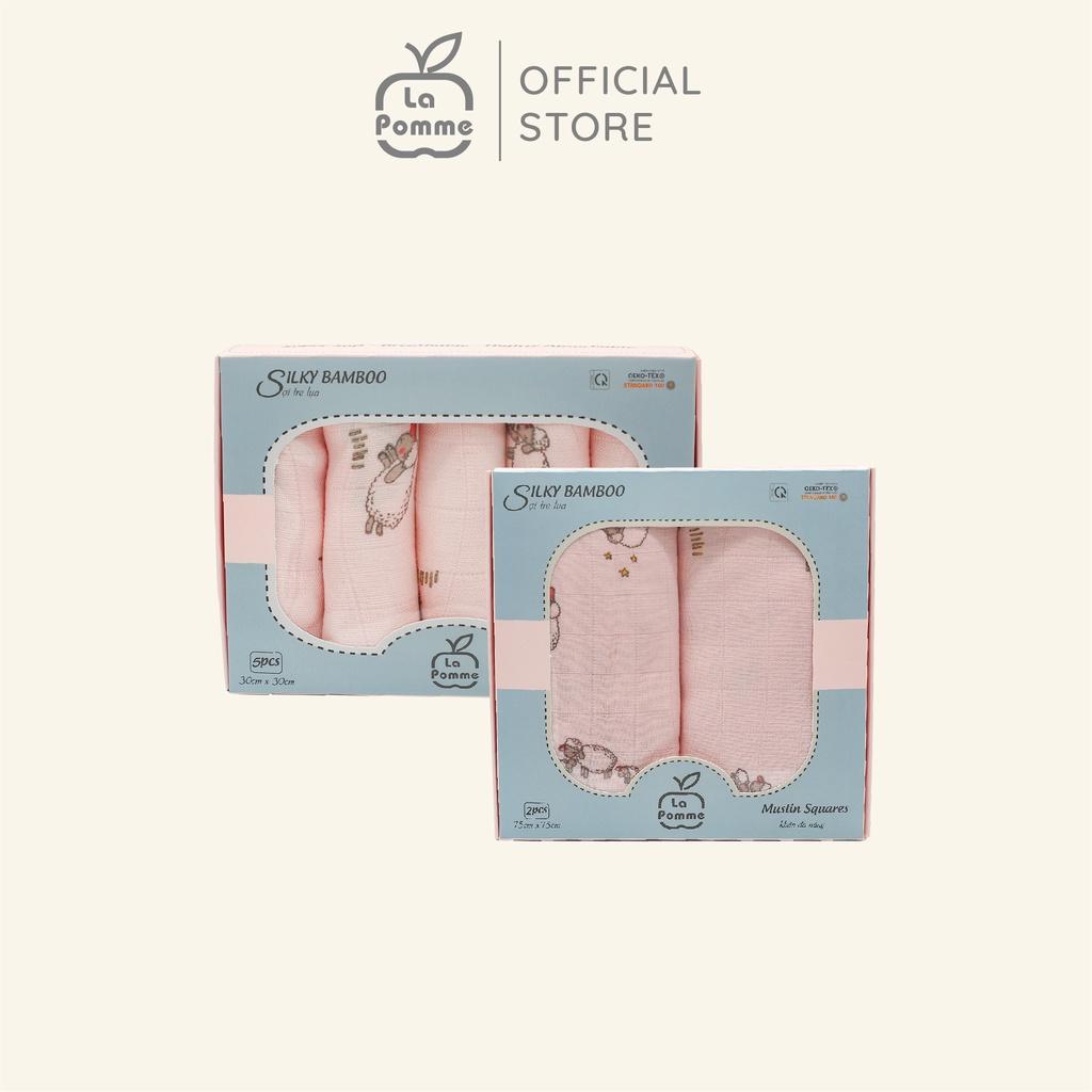 Combo 2 K001 Set 5 Khăn sữa (30x30cm) + K002 Set 2 Khăn đa năng sợi tre lụa La Pomme (75x75cm) - Pink Sheep