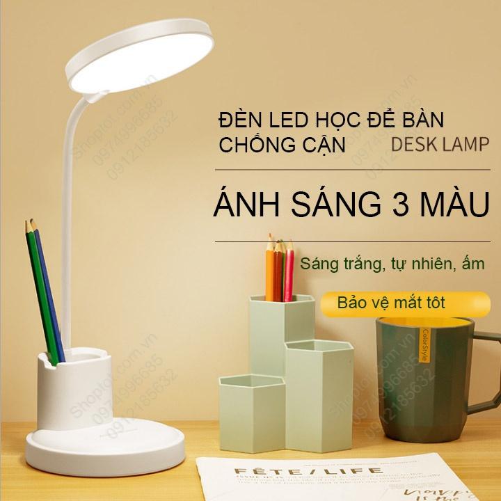 Đèn led học chống cận, tích điện, có hộp để bút và giá để điện thoại, ánh sáng 3 màu, điều chỉnh độ sáng vô cấp