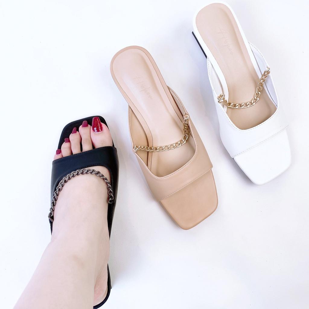 Dép cao gót nữ đế vuông 4cm thời trang dáng guốc sandal quai ngang cao cấp HISHOO S047