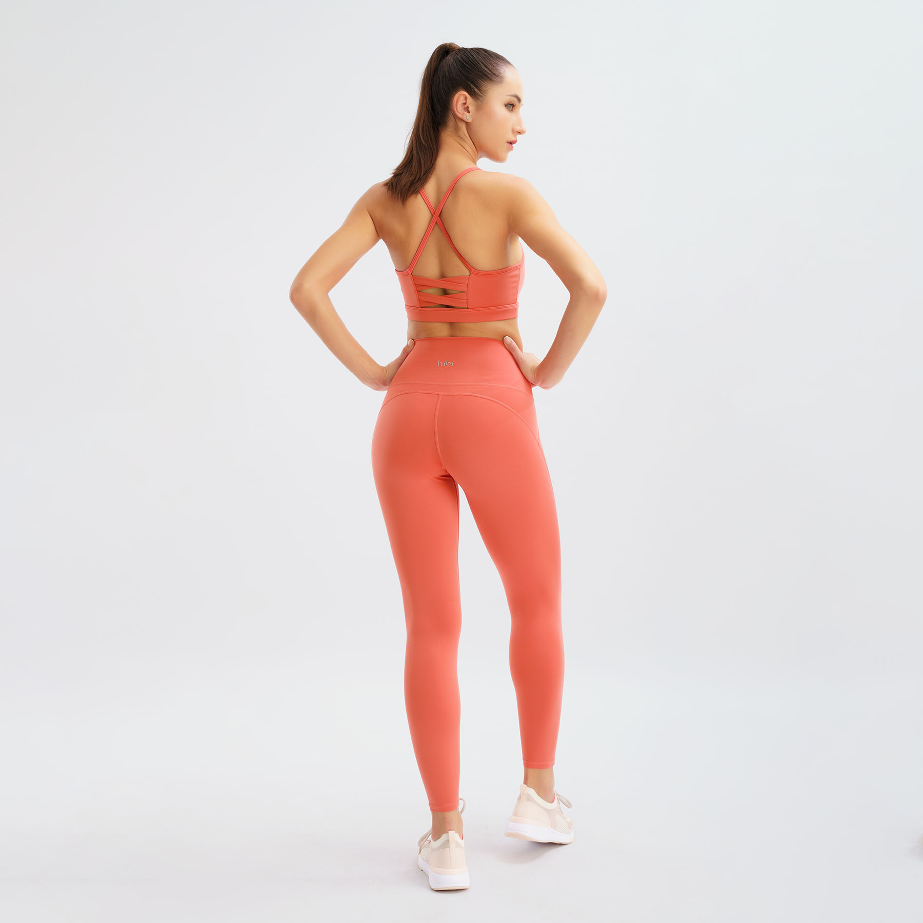Set đồ tập yoga gym Luxury H140 đan hai nơ bản to, màu Cam Strawberry kèm mút ngực, chất vải cao cấp Lu Fabric