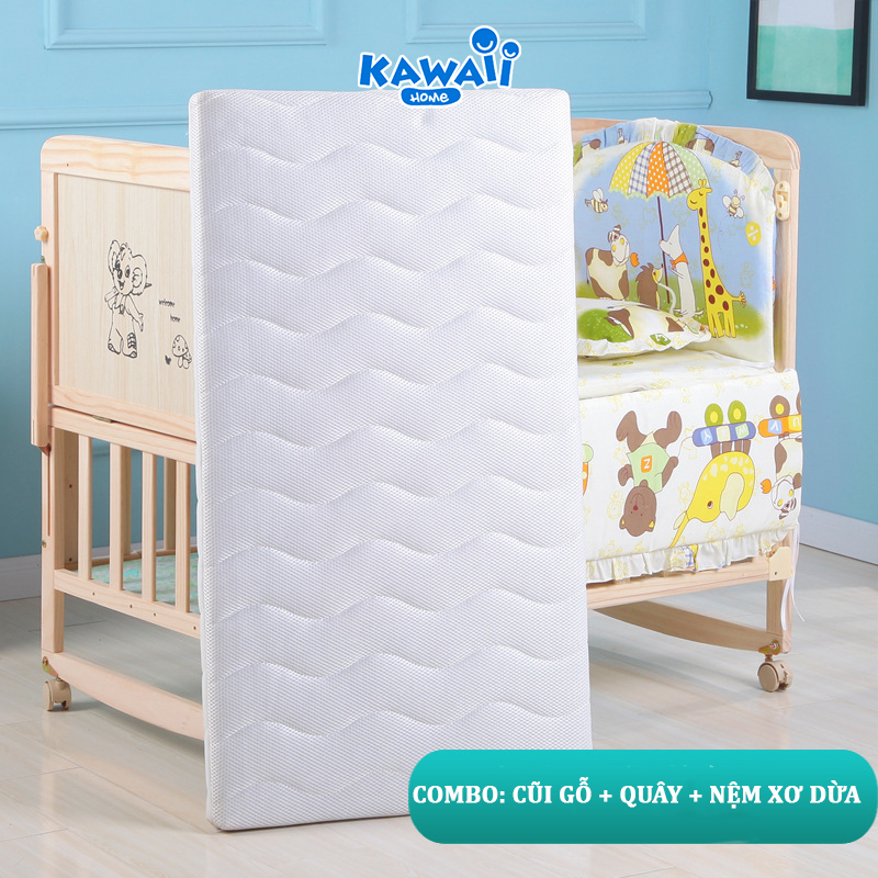 Cũi Cho Bé ( Kèm Quây Hoàng Gia Và Màn ), Cũi Em Bé 2 Tầng Gỗ Thông Kích Thước 105x60x90