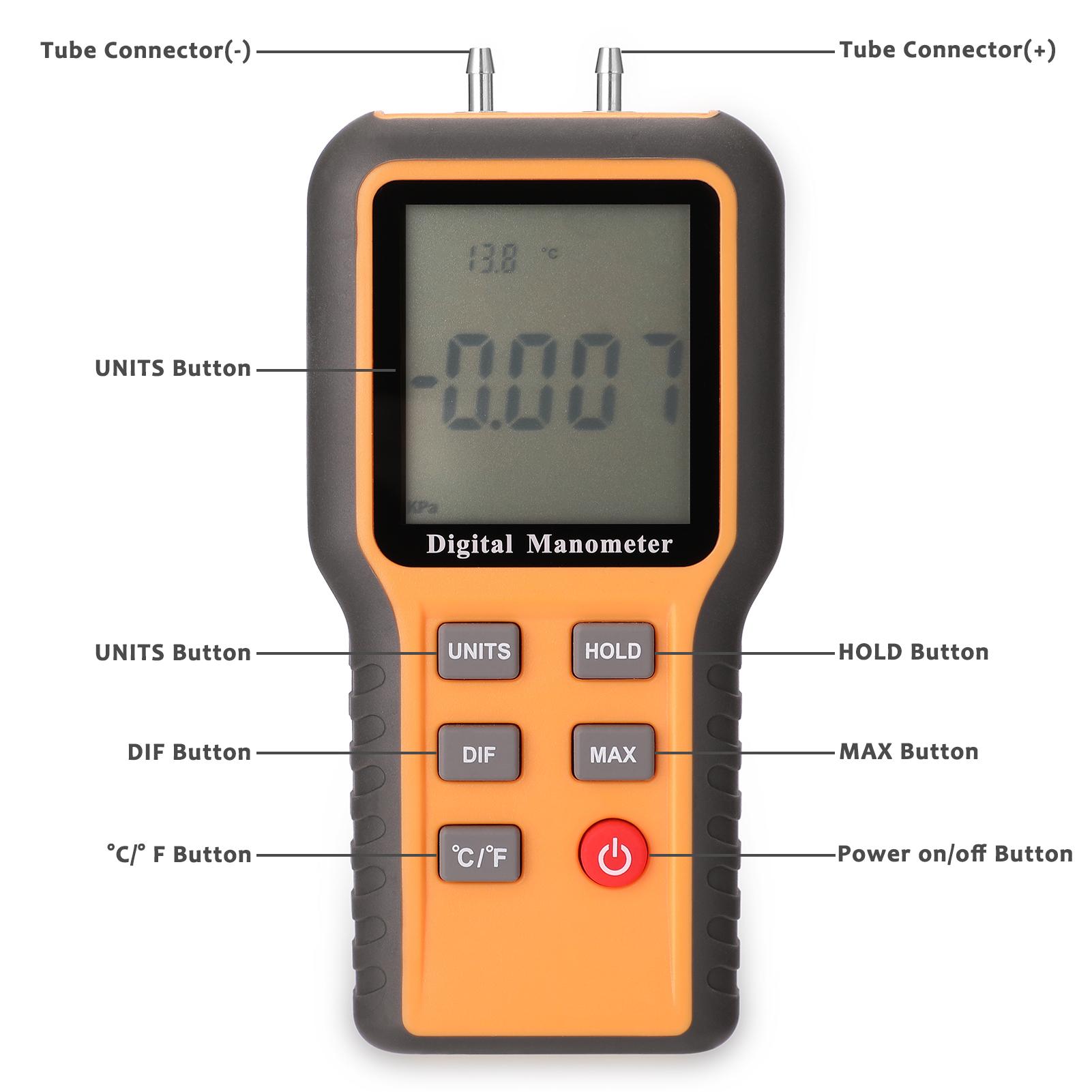 Digital Manometer LCD Display ℃ ℉ Switchable 12 Pressure Units Adjustable Indoor Temperature Measurement Tool Pipes