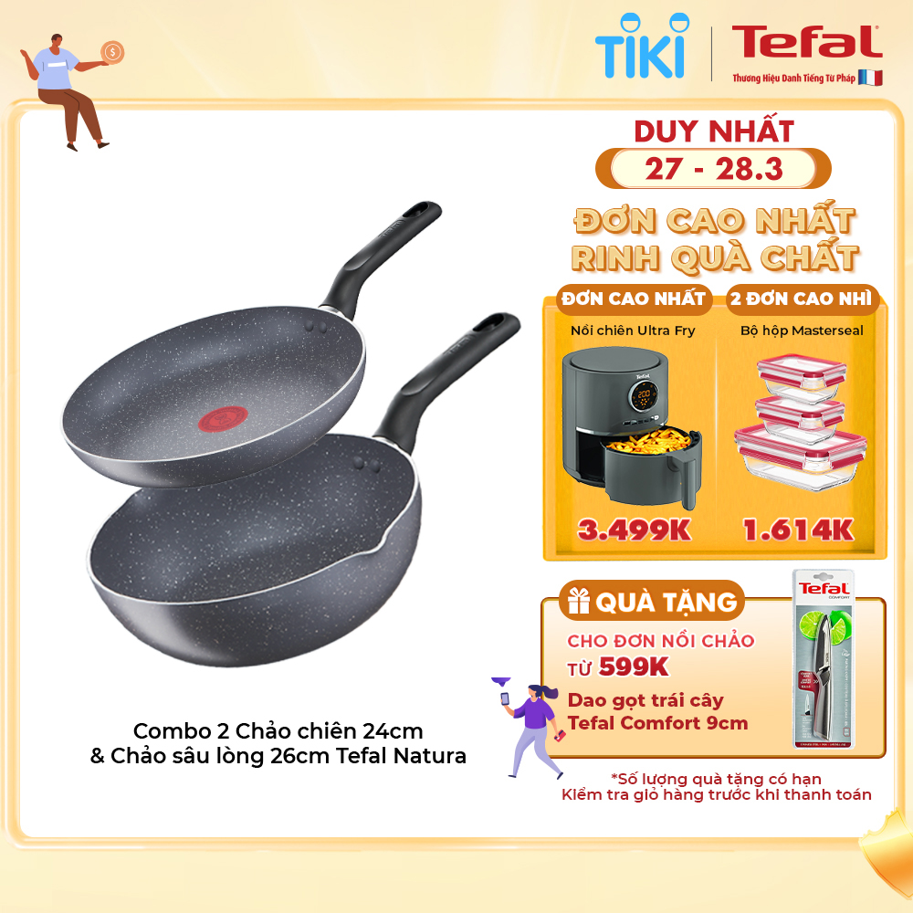 Combo 2 Chảo chống dính Tefal - Chảo chiên 24cm Natura B2260495 & Chảo sâu lòng 26cm Tefal Natura B2266595 - Hàng chính hãng