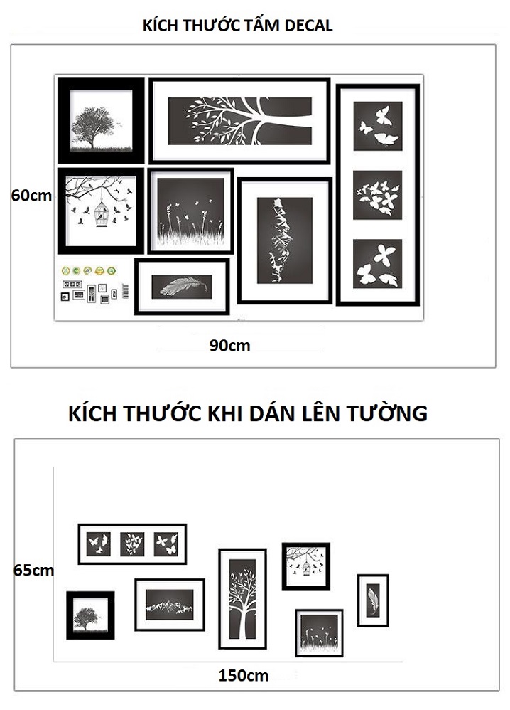 Decal dán tường lá xanh và khung tranh đen trắng combo trang trí lạ mắt