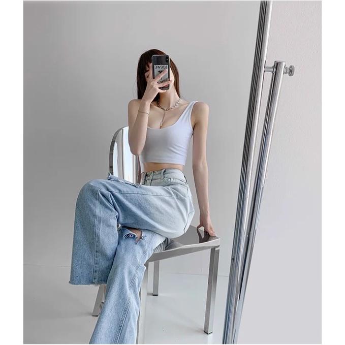 Quần jeans nữ ống rộng wash hai màu