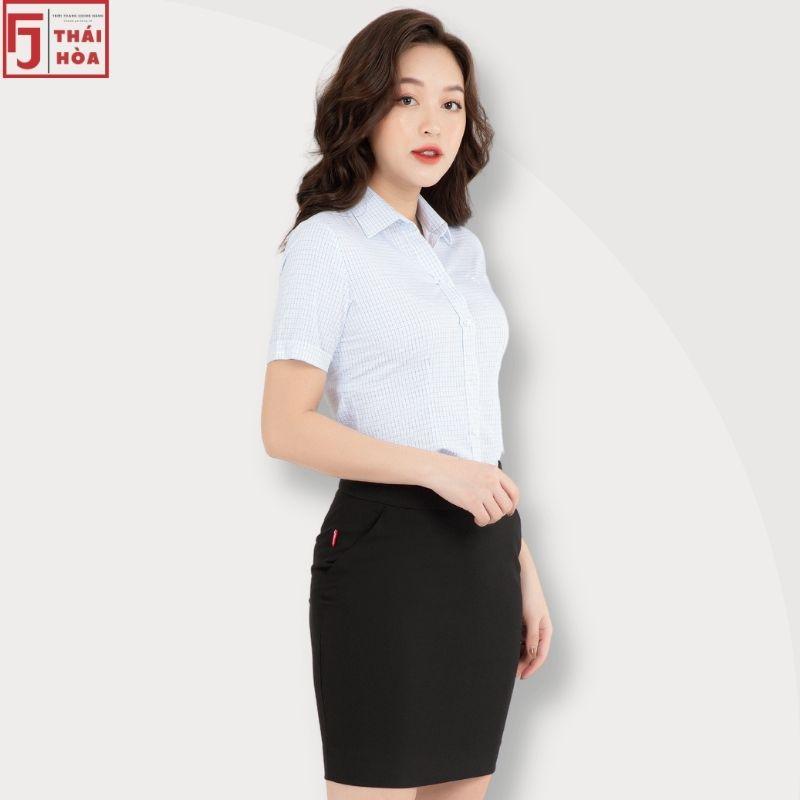 Sơ mi nữ Thái Hoà công sở đẹp kẻ caro cotton màu xanh nhạt A092-03-01