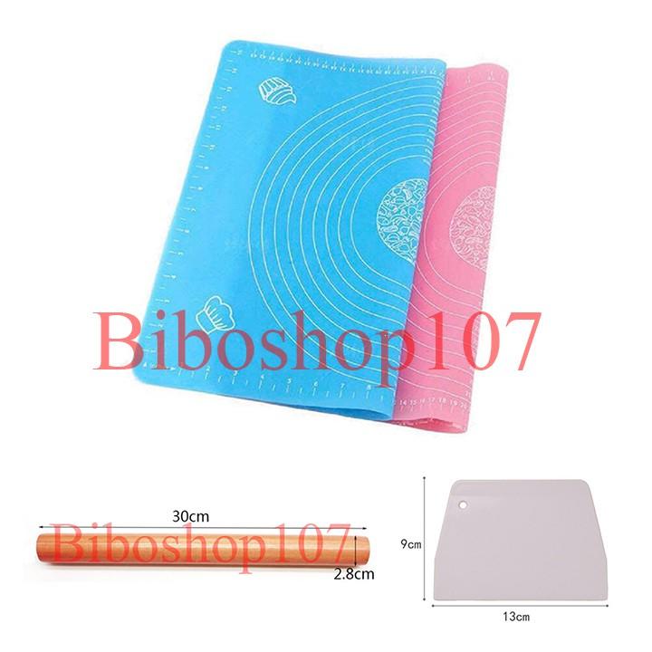 Combo Tấm lót nhào bột silicon 50x40cm + cán lăn bột gỗ + Miếng cắt bột nhựa