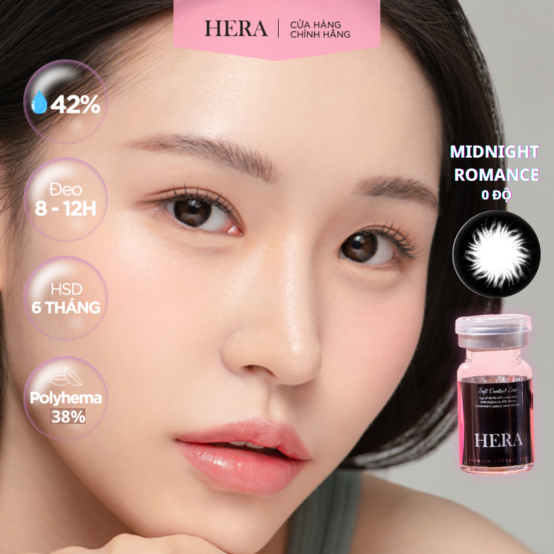 Kính Áp Tròng Hera Đen Trăng Non Không Độ MIDNIGHT ROMANCE Nhập Khẩu Hàn Quốc Lens Không Cận 6 Tháng