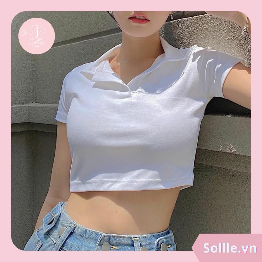 Áo croptop nữ polo Sollle, áo kiểu ngắn tay có cổ trẻ trung form ôm